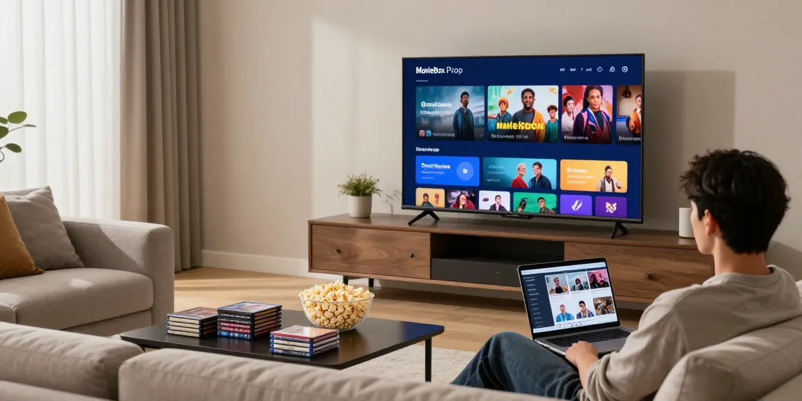A cozy living room scene featuring a user streaming the MovieBox Pro App on a smart TV, enhancing home entertainment.
