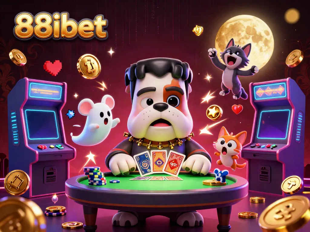88ibet's cartoon characters deal cards in a vibrant casino scene full of energy and gaming elements.