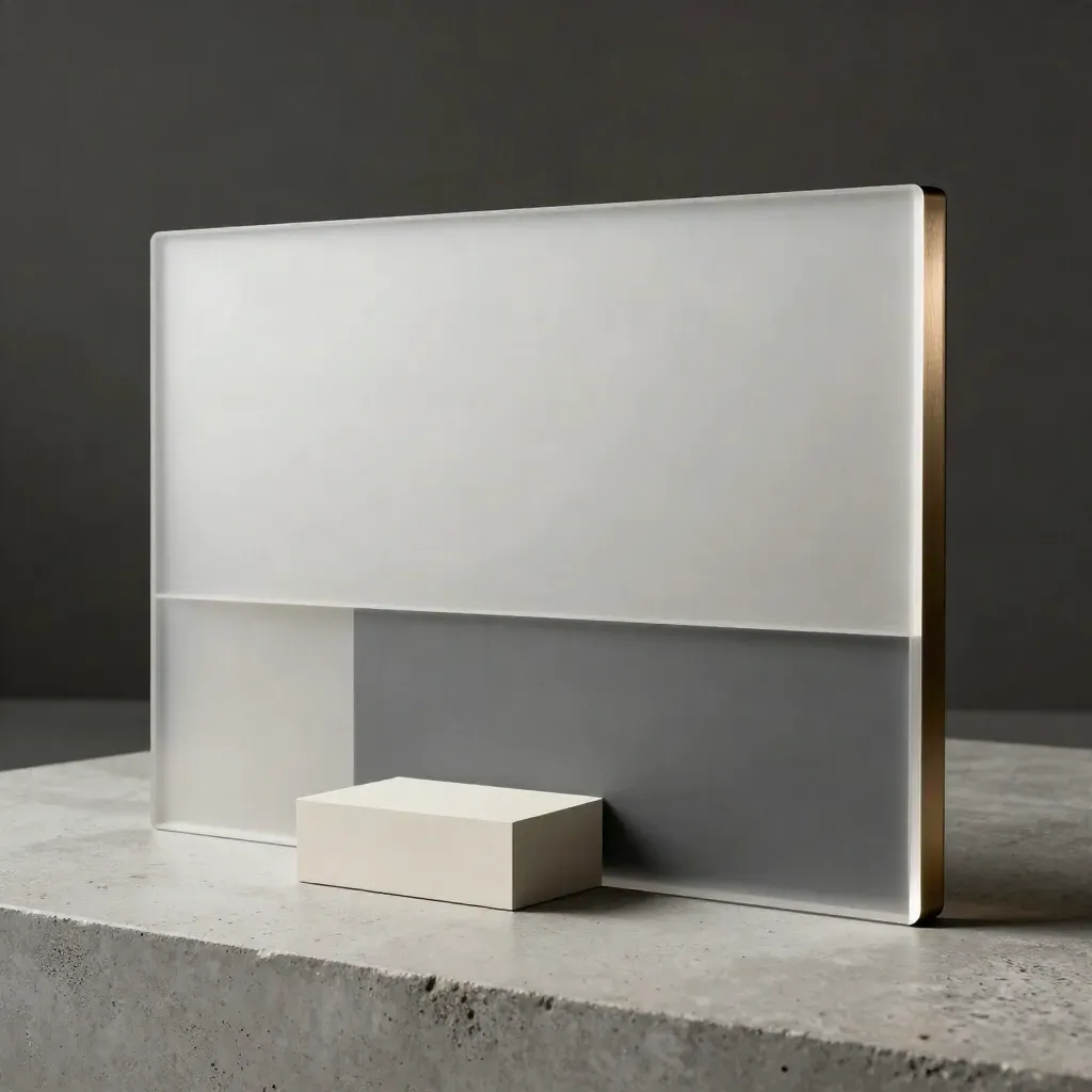 Layered landing page prototype on pale concrete in dramatic studio light