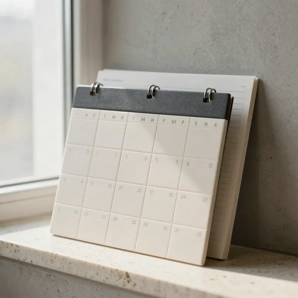 Social media planning tiles, slim calendar tab and folded sheet on travertine in soft window haze
