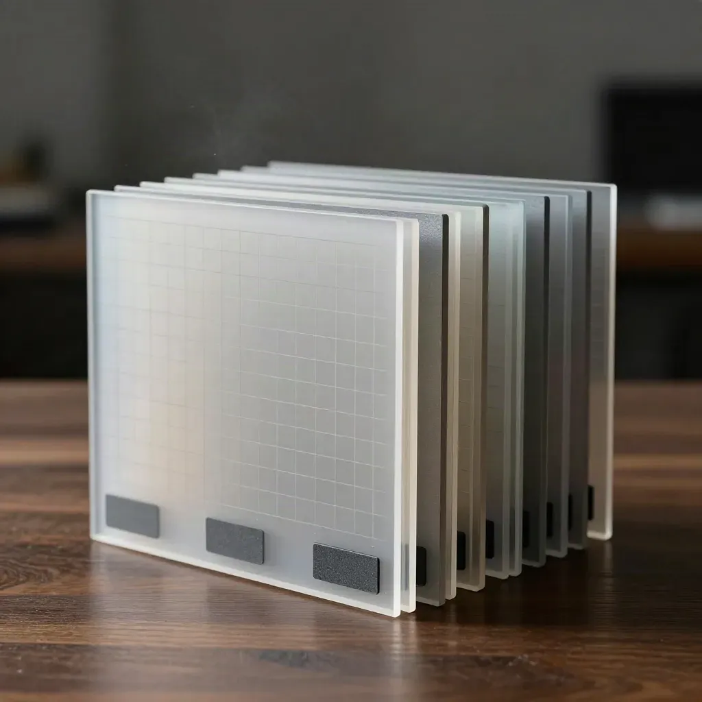 Translucent analytics report stack with graphite chip in low rim light on dark walnut.