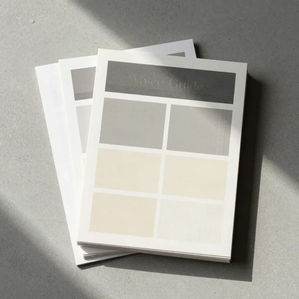 Overhead flatlay of a brand voice guide deck with swatches, bars and chips on concrete.