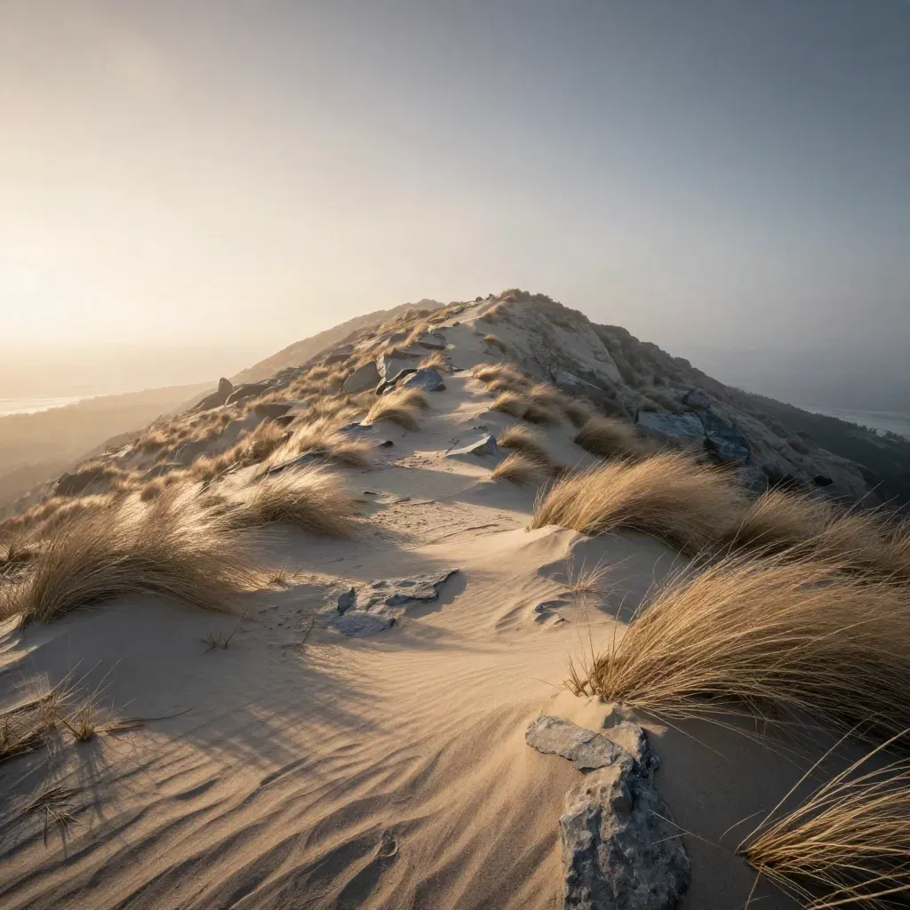 Sunrise over a foggy sandstone ridge with grasses and distant coast.