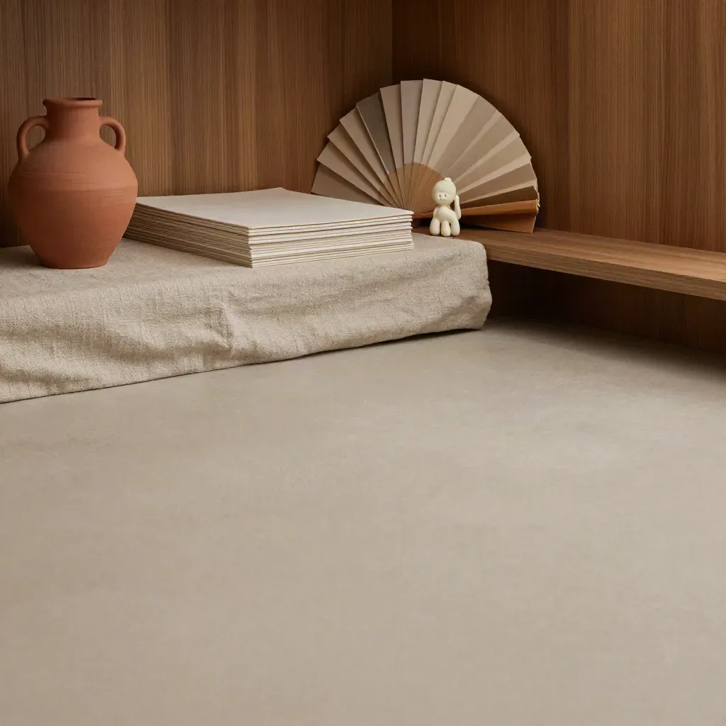 Cedar interior corner with brand swatches, linen, and a sculptural object in rainy dusk light.