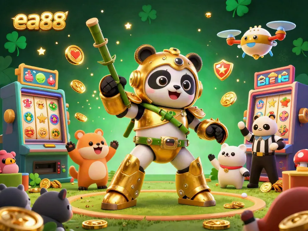 Experience the thrill of ea88 gaming with vibrant slot machines and a lively panda pilot.