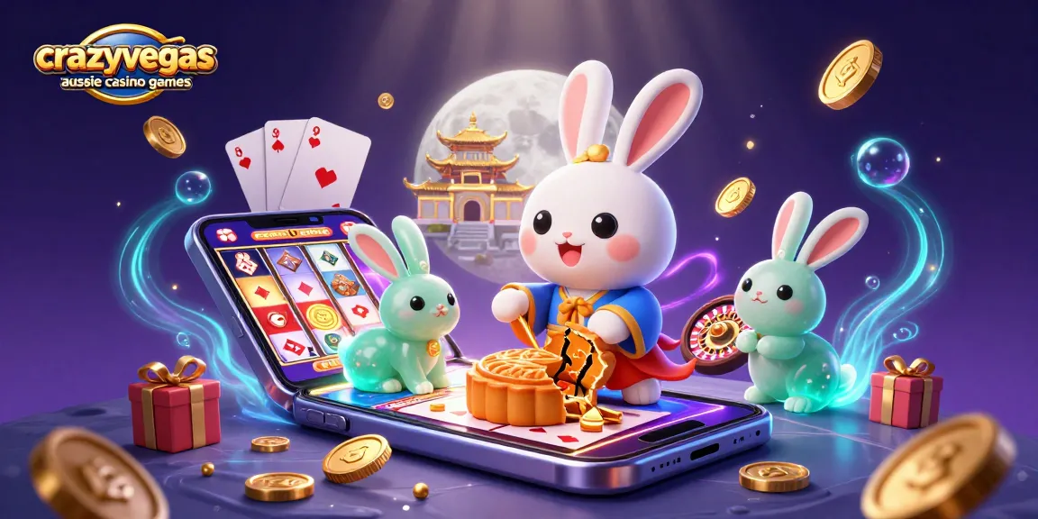 Cherish the excitement of crazyvegas aussie casino games as a moon rabbit celebrates with poker chips and vibrant slot games.